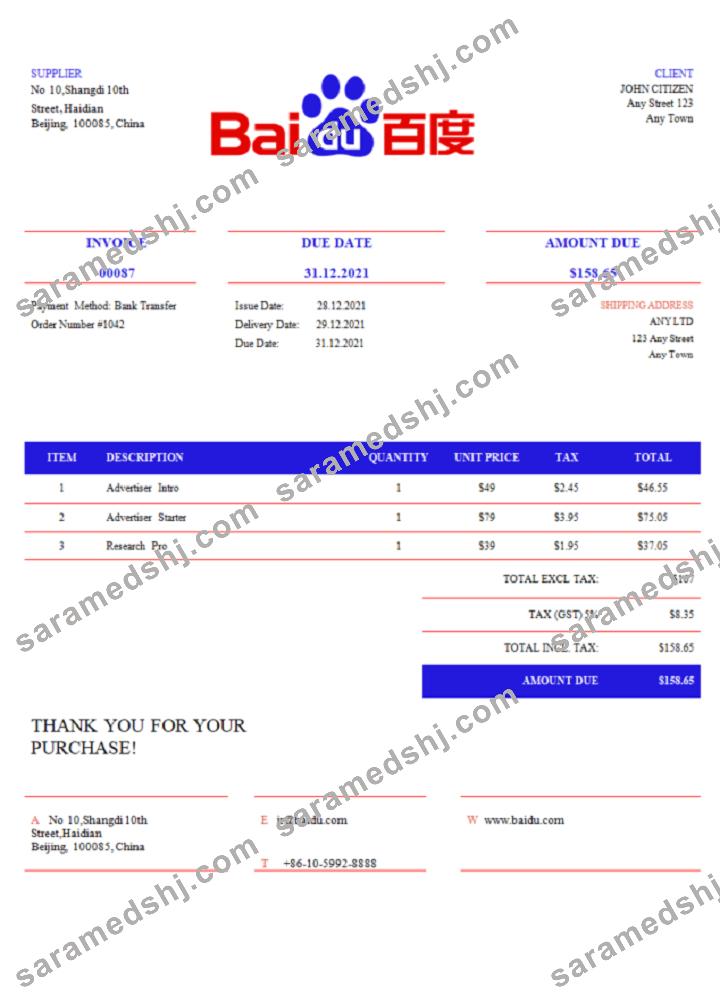 USA Baidu invoice